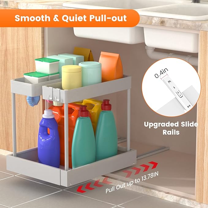 Expandable Under Sink Organizers and Storage,Width Adjustable (14.9-23.6IN),No Drill 2-Tier Pull Out Under Cabinet Organizer for Kitchen Bathroom Laundry White