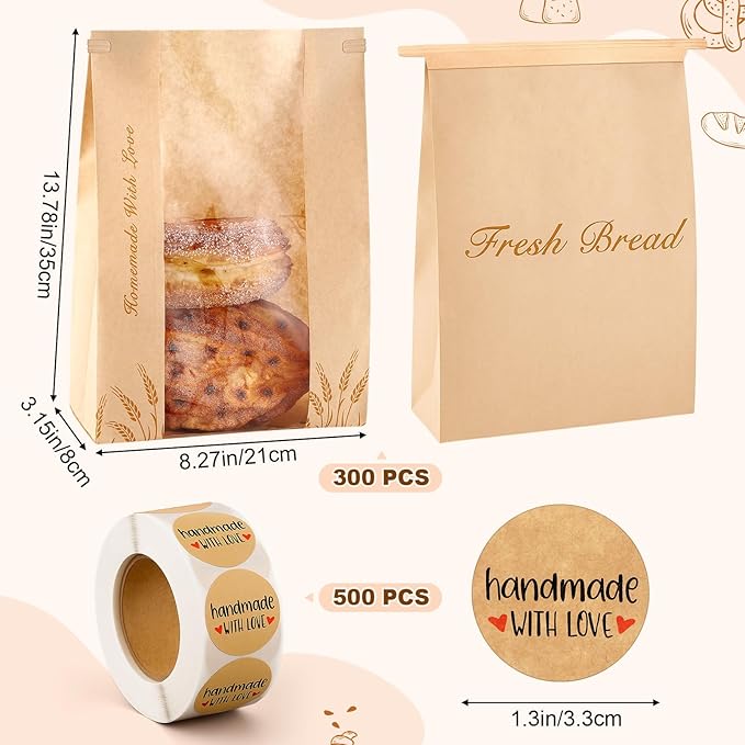 Honoson 300 Pcs Large Paper Bread Bags for Homemade Gift Giving, Sourdough Bread Bags with Window, Bakery Storage Tin Tie Tab Lock Cookie Packaging with Label Seal Stickers (Bright Style)
