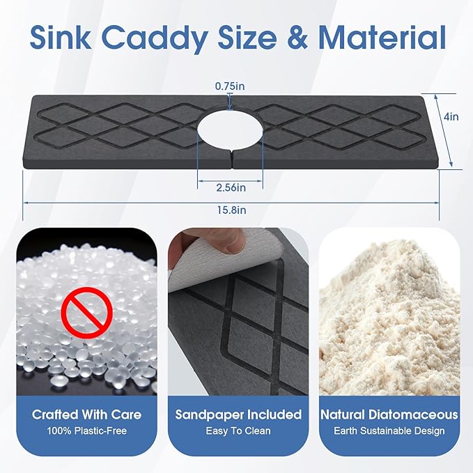 Faucet Mat for Kitchen Sink, Diatomite Stone Sink Tray, Faucet Splash Guard, Quick Dry Water Absorbing Non-Slip Stone Tray, Fits Most Faucets, Pet Bowl Mat, Vase Holder, Cleaning Supplies, Matte black