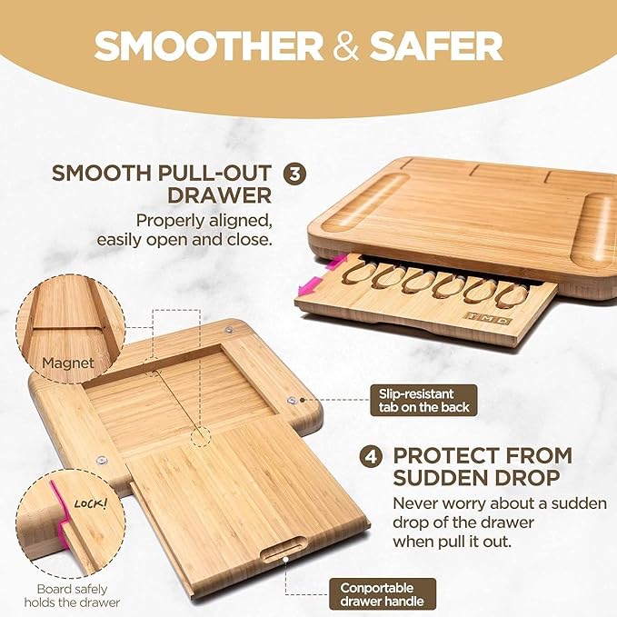 Charcuterie Boards，Cheese Board in cludes 6 Cheese Knives, 3 Seasoning Plates, with Platter and Drawer, Matching for Gatherings, Outing Door Use