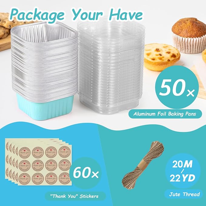 Mini Square Baking Cups with Lids, 50 Pcs 5oz Blue Aluminum Foil Cupcake Tins with Lids, Disposable Ramekins Flan Cake Pans Tins for Souffle, Dessert, Valentine, Wedding, Party Small Cake Containers