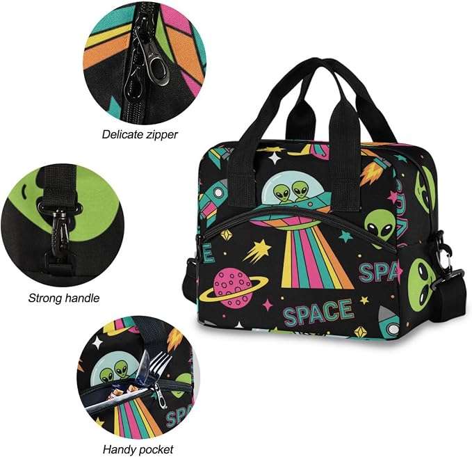OREZI Insulated Lunch Tote Bag for Adult Men Women,UFO Aliens Spaceship Planet Kid's School Lunchbox with Detachable Shoulder Strap for School Office Fishing