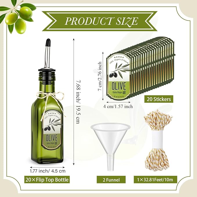 Honeydak 20 Pcs 5 oz Mini Glass Olive Oil Bottles with Pourers Sticker Glass Olive Oil Dispenser Vinegar Dispenser Set Empty Sauce Condiment Bottles for Christmas Kitchen Gift