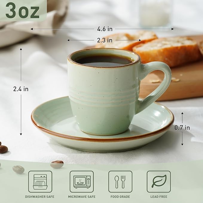 famiware amiware Jupiter Espresso Cups and Saucers Set of 4, 3 oz Ceramic Small Coffee Mug with Handle, Spiral Stoneware Demitasse Cup for Tea, Latte, Cafe - Microwave & Dishwasher Safe, Light Green