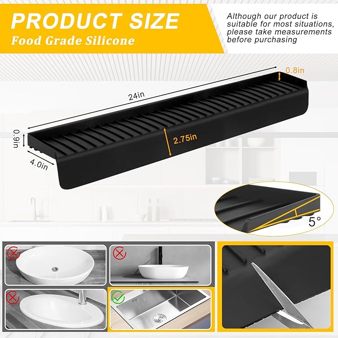 Silicone Sink Edge Protectors - Multifunction Accessories, Splash Guard & Draining Mat for Kitchen, Bathroom Sink, Steel, Granite, Quartz Countertops (Black, 4 * 24in)