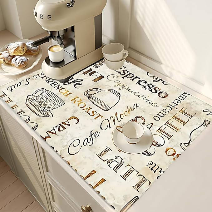 2Pcs Dish Drying Mats Faucet Mats Sets Large Size Coffee Mats Sink Faucet Mat Splash Guard for Kitchen Counter Bathroom Sink Coffee Bar Kitchen Decor (Retro Coffee, 18"x24" 15" x 5.5"Set)
