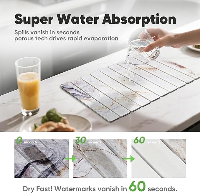 Stone Drying Mat for Kitchen Counter, Quick Diatomaceous Earth Mats for Dishes, 23.6"L x 15.7" W Super Absorbent Fast-Drying Collapsible Countertop Stone Mat (Marble White-05, 24" x 16")