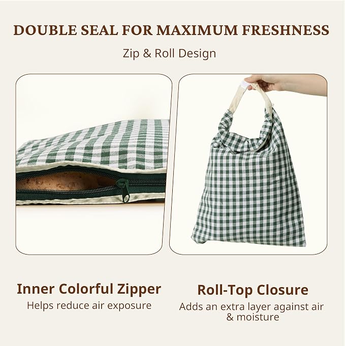 BRONYPRO Reusable Beeswax and Linen Bread Bags with Zipper, 2-Pack Waxed Bread Bags for Homemade Bread & Sourdough, Sustainable Loaf Storage to Lock in Freshness, Large 17x12.6in, Green Gingham