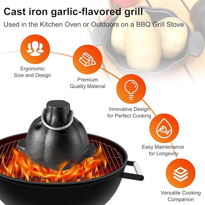 Cast Iron Garlic Roaster with Handle, Mini Cast Iron Smoker, Garlic Roaster for Oven, Used in the Kitchen Oven or Outdoors on a BBQ Grill Stove