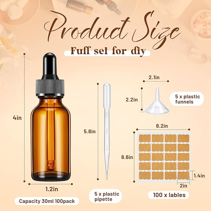 Lallisa 100 Pack Essential Oil Dropper Bottle 30 ml (1 oz) Glass Dropper Bottles DIY for DIY Essential Oil Perfume with 5 Funnels 5 Pipettes 3ml 100 Labels for Bathrooms, Hotels, Labs (Amber)