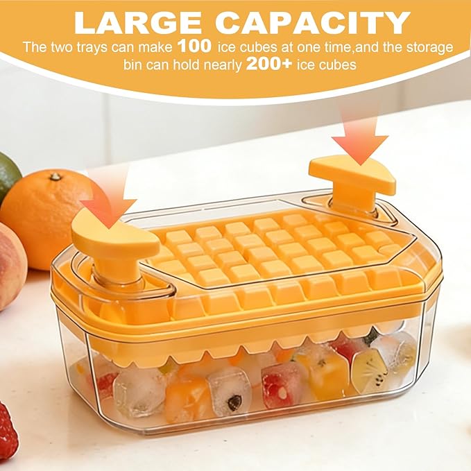 100 ice cube maker with easy press lid, Ice Trays for Freezer with Lid and Bin for Chilling Cocktail Whiskey Coffee Include 2 Trays and Storage Container, BPA Free