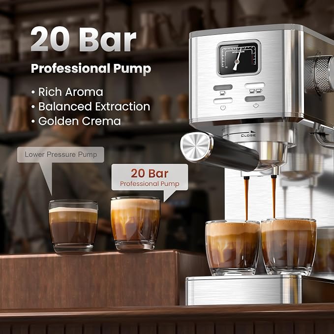 Electactic Semi-Automatic Espresso Machine, 20 Bar Stainless Steel Espresso Machine with Pressure Gauge, Steam Milk Frother, Hot Water Function, Removable Water Tank & Cup Warmer