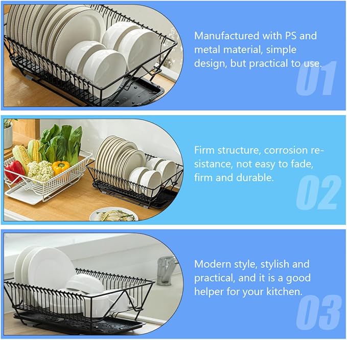 Ipetboom Dish Drying Rack with Utensils Basket and Drainboard, Black Metal Kitchen Dish Drainer Holder for Countertop Storage Over Sink Use