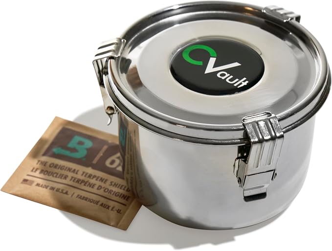 CVAULT Medium 1 oz Storage Container | Air Tight & Light Resistant | Food Grade Stainless Steel | Includes 62% RH 8-gram Pack