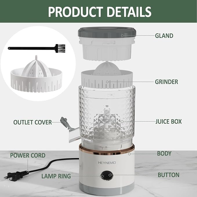 Heynemo Electric Citrus Juicer, 90W Automatic Juice Squeezer with High-Speed 15,000 RPM, Ideal for Lemon, Orange, Soft Fruits, and Grapefruit, Compact and Easy to Clean, Includes Cleaning Brush，Grey