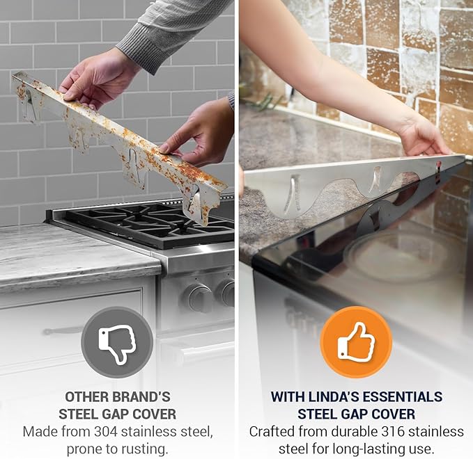 Linda’s Essentials Stove Gap Covers Stainless Steel (2 Pack), 316 Stainless Steel Stove Gap Covers Heat Resistant Oven Gap Filler Seals Spaces Between Stovetop and Counter (23.4 Inches, Silver(Steel))
