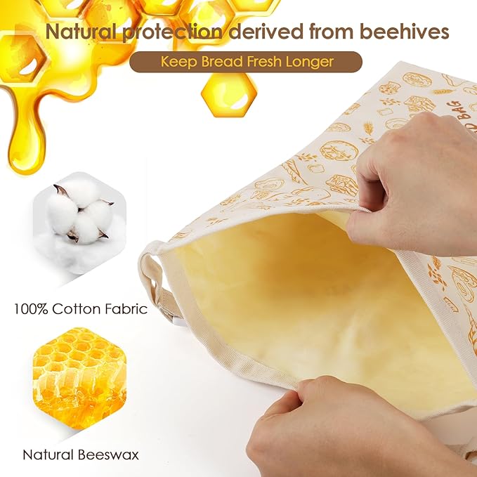 2-Pack pure cotton Reusable Beeswax Bread Bags - Large 17x13 Inch for Sourdough & Homemade Bread Storage | All-Natural Beeswax Preservation, Eco-Friendly Cotton Food Bags - Easy to Clean & Daily Use
