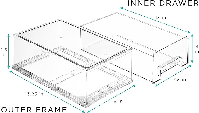 Sorbus Medium Clear Stackable Storage Drawers, Plastic Storage Drawers with Handles, Craft, Clothes, Medicine, Makeup, Closet, Art Supply, Bathroom, Shoe, Toy Storage Organizer (2 Pack)