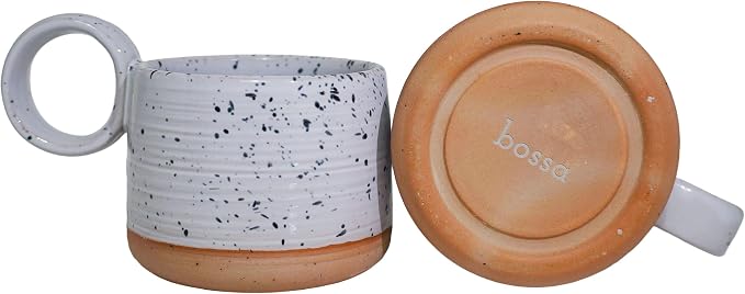 Bossa Stoneware Ceramic Cappuccino Cup 8oz White Set of 2 | Handcrafted Specialty Coffee Mug with Glazed Glossy Finish, Raw Unglazed Base & Large Handle | Microwave & Dishwasher Safe