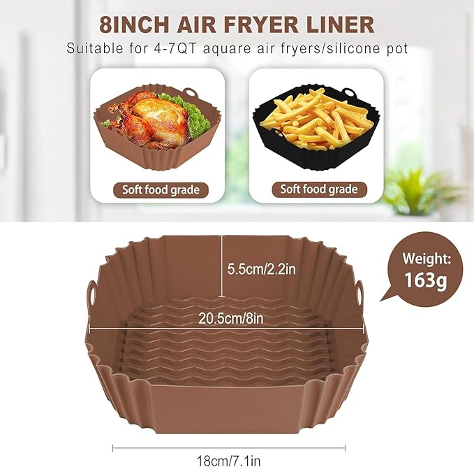 Boribim 2 PCS Square Silicone Air Fryer Liners - 8 Inch Reusable Air Fryer Pot - Air Fryer Accessories - Air Fryer Inserts for 4 to 7 QT Oven Microwave Accessories (Black + Brown)