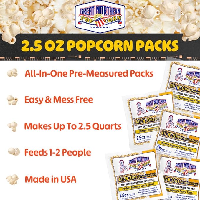 80-Count Gourmet Popcorn Kernels Packs - Premeasured All-in-One Premium Kernel, Oil, and Salt Packets for 2.5-Ounce Kettles by Great Northern Popcorn