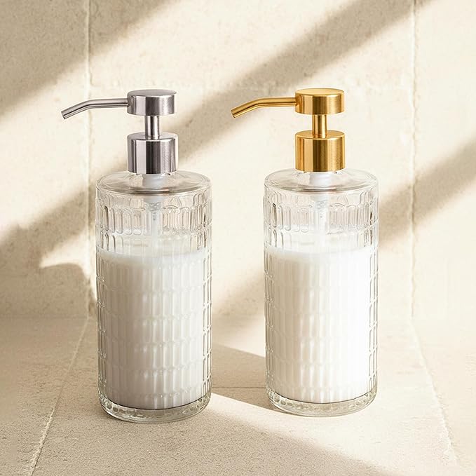 Elegant Fluted Glass Soap Dispenser with Stainless Steel Pump, 17oz Vintage Art Deco Style Clear Ribbed Glass Bottle for Bathroom, Dish Soap Dispenser for Kitchen (Silver Pump)