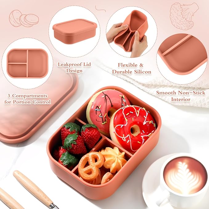 Honeydak 4 Pcs Silicone Bento Box for Adults, 3 Compartment Lunchable Food Container for Women Men, Leak Proof Microwave Dishwasher Freezer Safe (Orange)