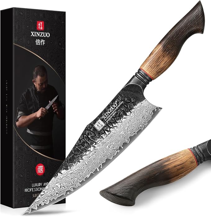 XINZUO 8.6 inch Professional Damascus Chefs Knife,67 Layers Damascus Steel Kitchen Knife,10Cr15CoMoV Steel Core,Very Sharp for Vegetables Meat Cutting for Home Kitchen,Burnt White Oak Wood Handle