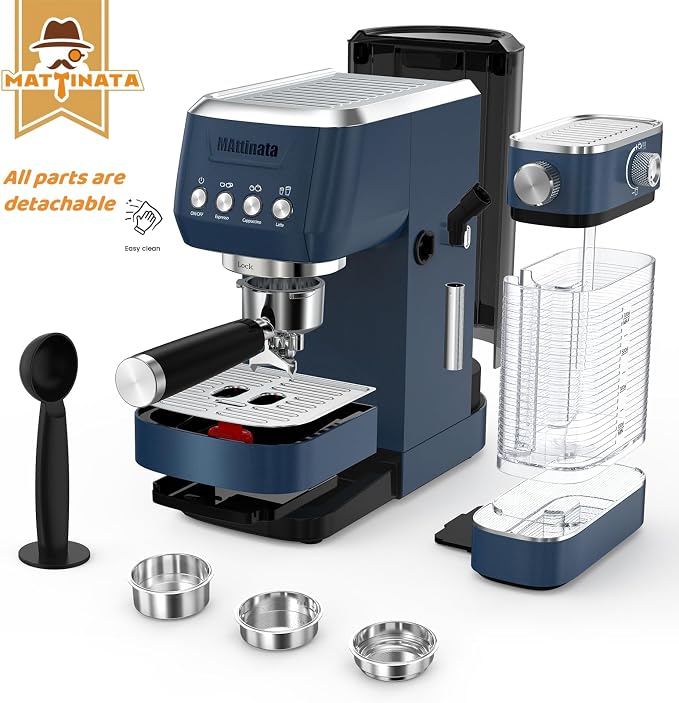 MAttinata Cappuccino Machine, Espresso Machine with Automatic Milk Frother | Compact Coffee Maker, 20 Bar Italian Pump, Adjust Hot Milk Foam, Barista Latte Art, Small for Home, Stainless Steel, Blue