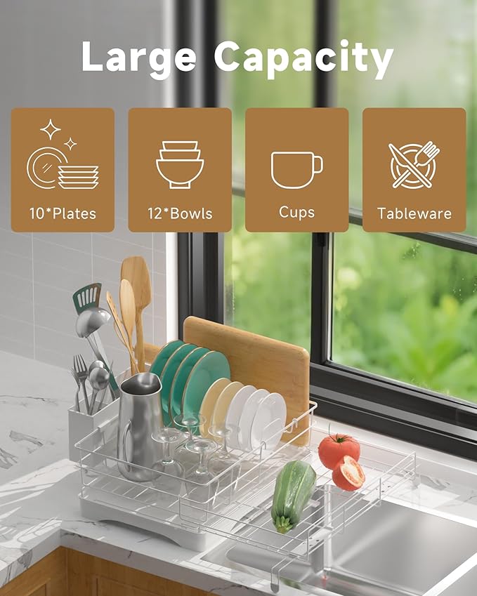 Dish Drying Rack Expandable Rack for Kitchen Counter, Carbon Steel Dish Racks Rust-Proof Large Capacity Dish Drainer with Utensil Holder, Space Saving for Bowls, Plates & Cups, White