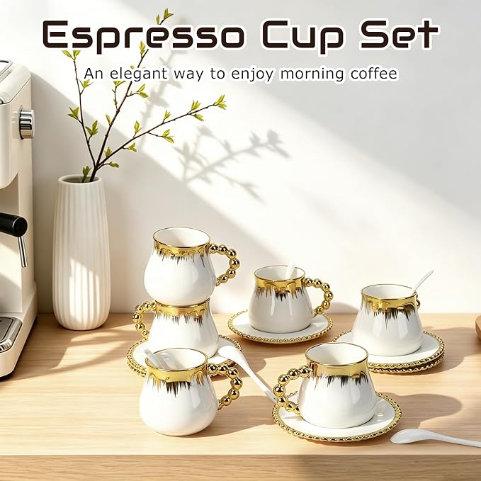 Espresso Cups Set of 4, 8 oz Ceramic Coffee Cup and Saucer Set with Spoons, Gold Trim Coffee Cup Mugs for Latte, Mocha, Tea, Au Lait, Flat White, Dishwasher & Microwave Safe