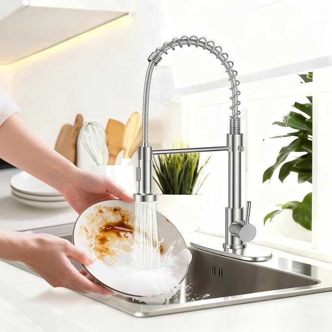FEELSO Kitchen Faucet with Pull Down Sprayer, High Arc Stainless Steel Single Handle Kitchen Sink Faucet, 1 or 3 Hole Brushed Nickel Kitchen Faucets for Farmhouse Camper Rv Bar