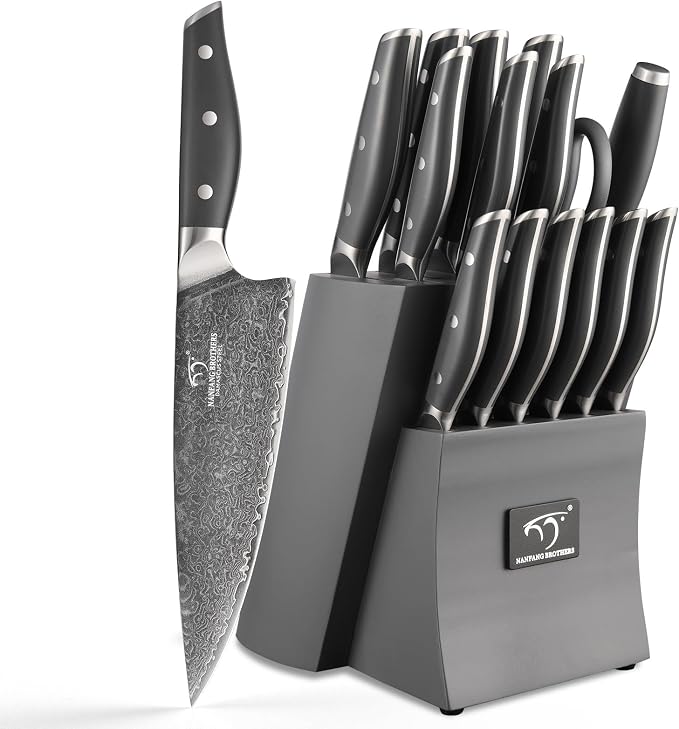 Damascus Knife Set with Block, 16-Piece VG10 67-Layer Steel Kitchen Knives | 16-piece premium Damascus kitchen knife set with VG10 steel core, 67 layers, wood block, and triple-rivet handles