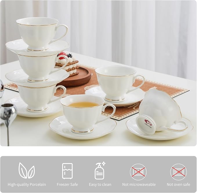 White Ceramic Tea Cup and Saucer Set of 6 (12-Piece) - 6oz Elegant Porcelain Cups with Gold Rim, 6 Cups & 6 Saucers for Tea Party