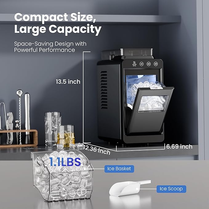 Electactic Ice Makers Countertop,26Lbs/24H,8Pcs in 6Mins,Portable Ice Maker Machine with 1.2L Top Water Tank,Interior Lighting,2 Sizes of Bullet Ice for Home/Office/Party(Black)
