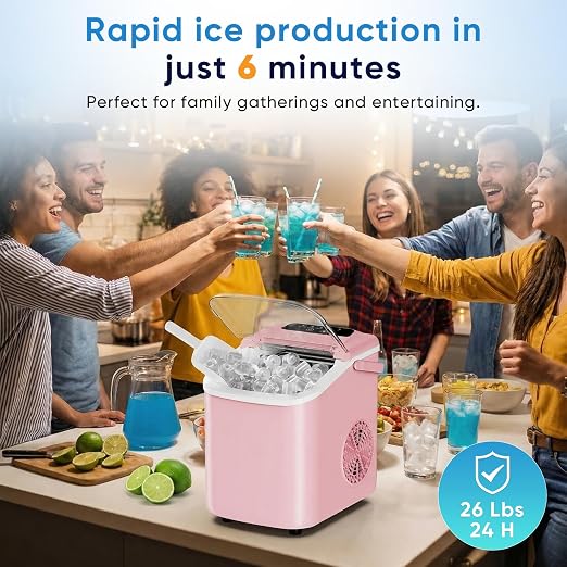 NEWBULIG Ice Maker, Countertop Ice Machine with Handle | 9 Bullet Cubes in 6-8 Mins, 26lbs Daily, Self-Cleaning with Basket and Scoop for Home/Kitchen/Camping/RV