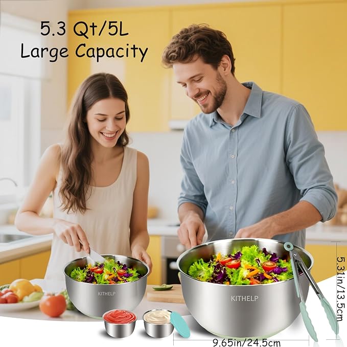 KITHELP Stainless Steel Salad Spinner Large, Vegetables Fruits Wash Bowl with Strainer, Lettuce Spinner Dryer with 5 Blades Slicer, Egg Yolk Strainer, Shredder for Efficient Salad Preparation 5.3Qt