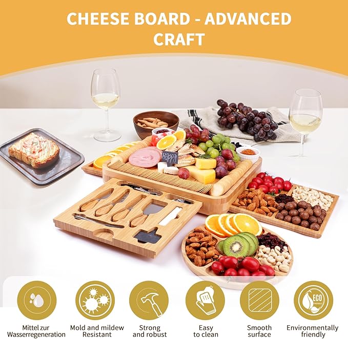 Bamboo Charcuterie Board Gift Set | Large Cheese Board with Hidden Drawers, Knives & Bowls | Perfect Housewarming, Wedding for Couples and Hosts