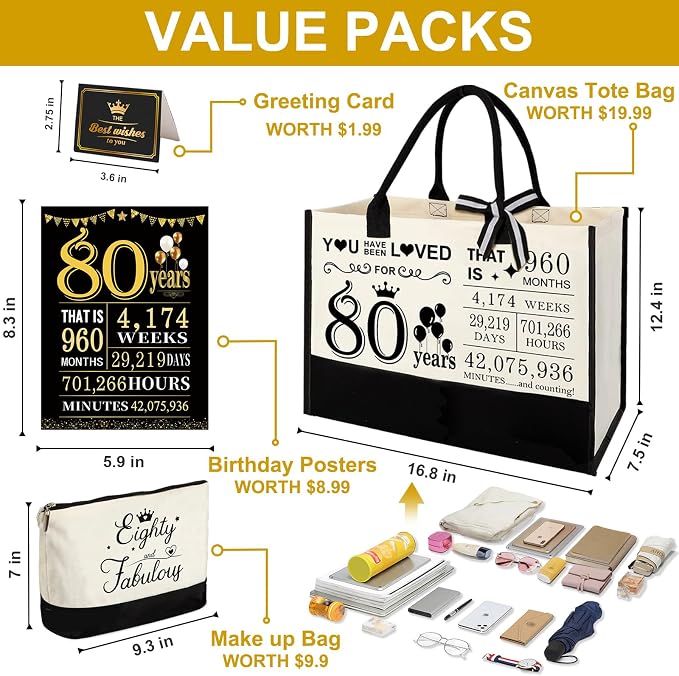 YeohJoy 80th Birthday Gifts for Women 80 and Fabulous Canvas Tote Bag Travel Gear, Unique 80 Years Old Gifts for Wife Sister Grandma Mom Aunt Friends Her, Handbag & Cosmetic Bag & 80 Birthday Poster