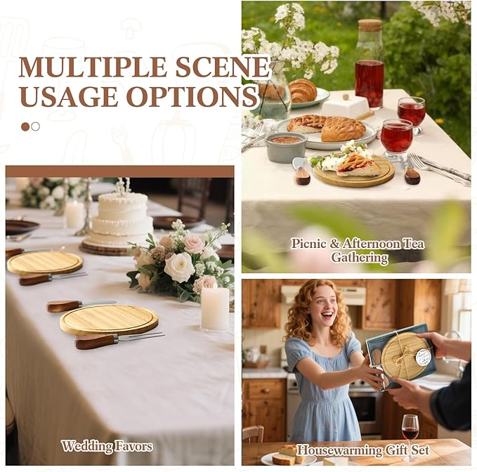 Maxcheck 1 Set Baby Shower Bridal Game Prizes for Winners Round Cheese Board Set Wood Mini Charcuterie Board with Knives and Forks Thank You Card with Gift Box for Guests Wedding (Teak)
