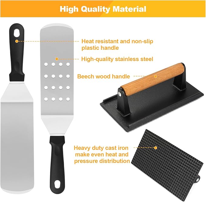 Terlulu Griddle Accessories Kit, 28 PCS Flat Top Grill Accessories for Blackstone and Camp Chef, Metal Spatula Set with Burger Press, Melting Dome, Tongs, Scraper, Carry Bag for Outdoor Grilling BBQ
