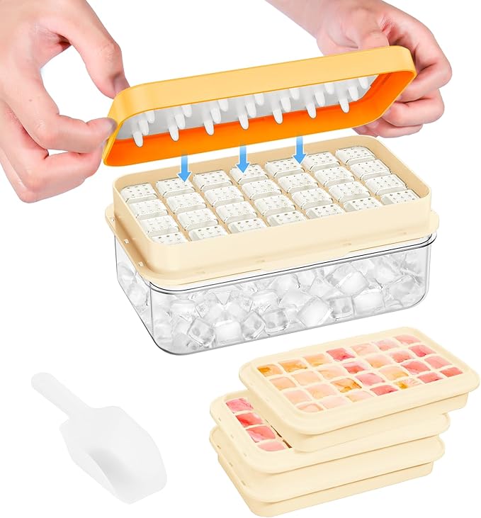 PHINOX Ice Cube Tray with Lid and Bin, 3 Pack Plastic Ice Cube Tray Molds, 84 pcs Ice Trays for freezer, Chilling Drinks, Whiskey & Cocktails, with Ice Container and Ice Scoop, BPA-Free
