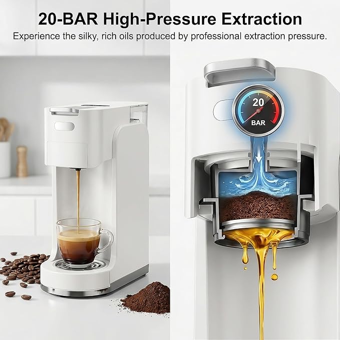 Single-Serve Coffee Maker, 4 in 1 Hot and Iced Coffee Machine, 20-Bar Espresso Coffee Maker for Ground Coffee, K-Cup Pod, NES Original and DG Pod, Customizable Brew Volume, Heats up in 3 seconds