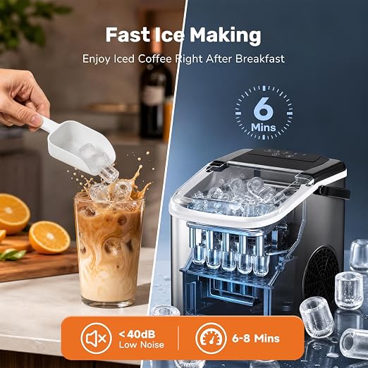 Sweetcrispy Countertop Ice Maker with Scoop, Basket and Handle, Portable Ice Machine 9 Cubes Ready in 6 Mins, 26.5lbs in 24Hrs, 2 Sizes for Home Kitchen Office Bar Party
