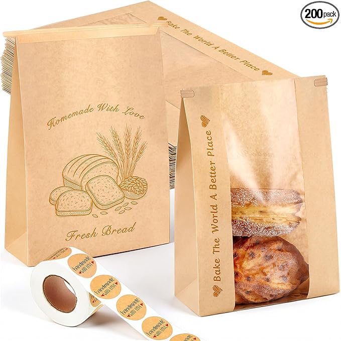 Honoson 200 Pcs Large Paper Bread Bags for Homemade Gift Giving, Sourdough Bread Bags with Window, Bakery Storage Tin Tie Tab Lock Cookie Packaging with Label Seal Stickers (Classic Style)