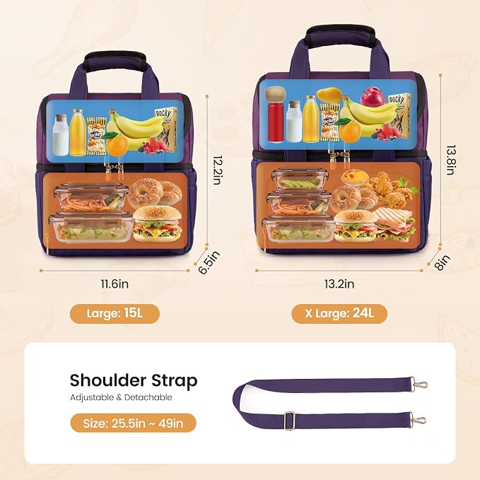 LOVEVOOK Insulated Lunch Bag For Women,Large Double Deck Adult Lunch Box,Teacher Lunch Tote Bag With Cup Holder,Leakproof Cooler Bag With Adjustable Shoulder Strap For Work Picnic Beach,Larger 15L