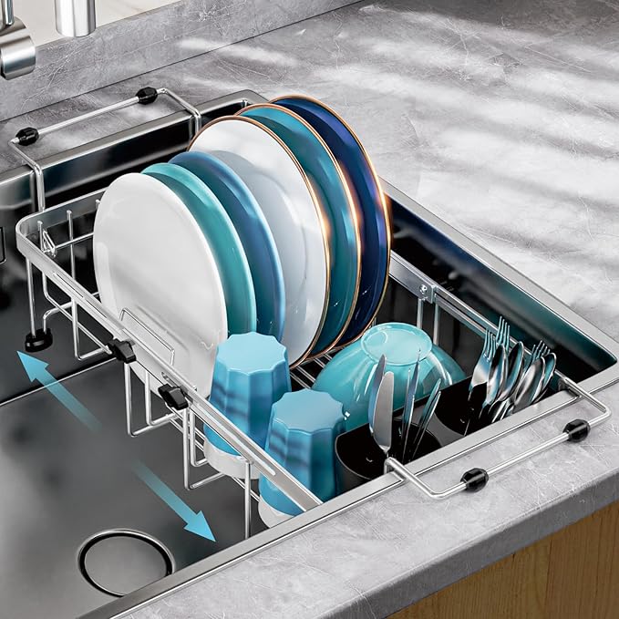 GSlife Small Over the Sink Dish Drying Rack - 9" W Expandable Stainless Steel Compact Dish Drainer for RV, Apartment, Camper, Kitchen, Dish Strainer with Lock Knob, Silver