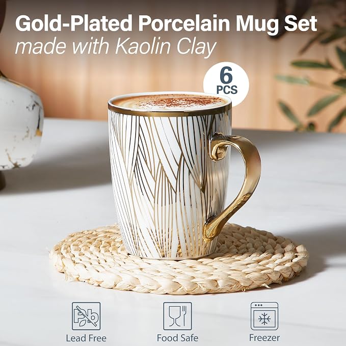 ONEMORE Coffee Mugs 18oz - Gold-Plated Ceramic Mugs for Latte, Hot Tea, Cappuccino, Mocha, Cocoa - Luxury Gold Trim Mug Set of 6, White & Gold, Multicolored