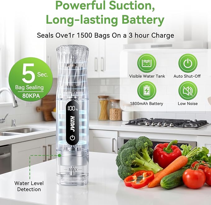 Handheld Vacuum Sealer (Food Storage):Compact Vacuum Sealer Food, 80kPa Suction, 1800 mAh Battery, 30 Reusable Sous Vide Bags, Preserve 6X Freshness For Kitchen, BBQ, Travel.