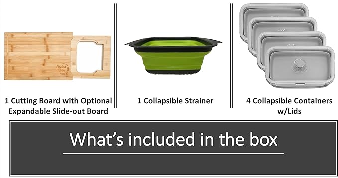Cocina Vida Bamboo Cutting Board With 4 Collapsible Containers And Strainer, Over The Sink Cutting Board, All In One Chopping Expandable Slide-Out Meal Prep Wood Chopping Board, Kitchen Must Have